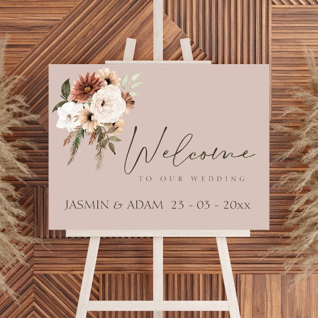 Rustic Dusty Pink Green Script Wedding Welcome Poster (Rustic Dusty Pink and Green Floral Wedding Sign)