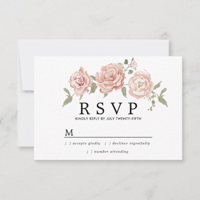 Rustic Dusty Pink Rose Floral Wedding  RSVP Card (Front)