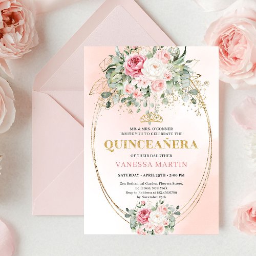 Rustic Dusty Pink Rose Gold Quinceañera Invite