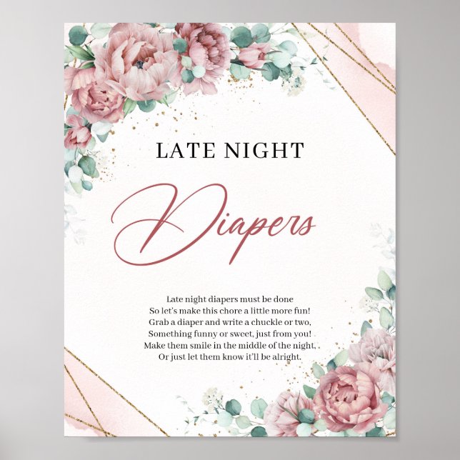 Rustic dusty pink roses gold Late Night Diapers Poster (Front)