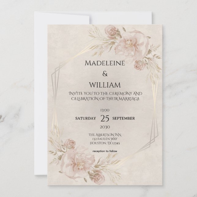 Rustic Dusty Pink Roses & Wildflowers Wedding Invitation (Front)