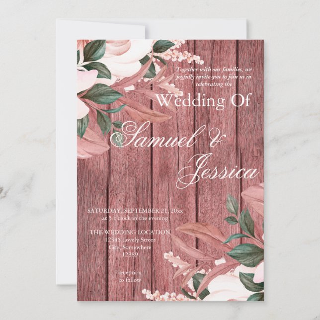  Rustic Dusty Pink Wood Floral Wedding Invitation (Front)