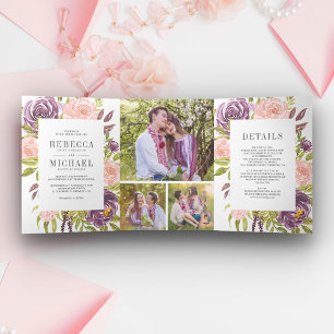 Rustic Dusty Plum Purple Blush Pink Floral Wedding Tri-Fold Invitation