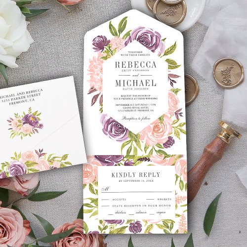 Rustic Dusty Purple and Blush Pink Floral Wedding All In One Invitation