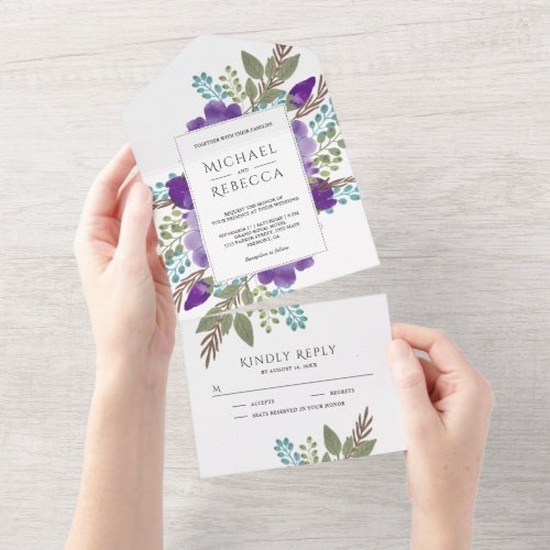 Rustic Dusty Purple Floral Bouquet Wedding All In One Invitation
