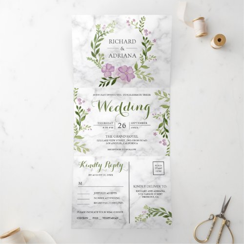 Rustic Dusty Purple Floral Greenery Marble Wedding Tri_Fold Invitation