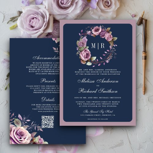 Rustic Dusty Purple Floral Navy QR Code Wedding Invitation