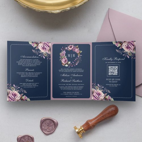 Rustic Dusty Purple Floral Navy QR Code Wedding Tri_Fold Invitation