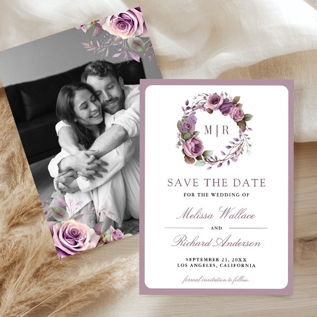 Rustic Dusty Purple Floral Photo Wedding Save The Date (Creator Uploaded)