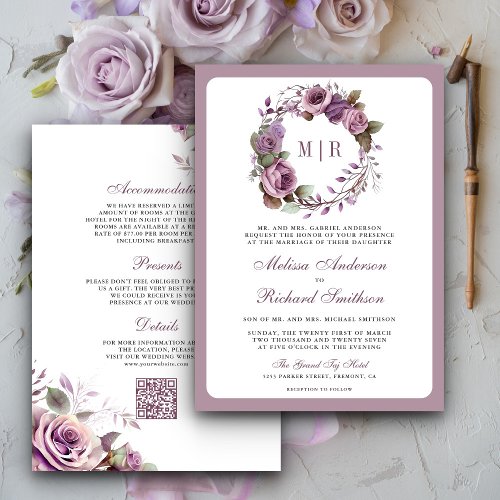 Rustic Dusty Purple Floral QR Code Wedding Invitation