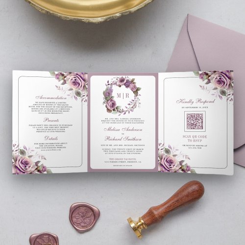 Rustic Dusty Purple Floral QR Code Wedding Tri_Fold Invitation