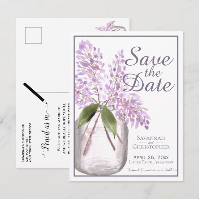 Rustic Dusty Purple Lilacs Wedding Save the Date Invitation Postcard (Front/Back)