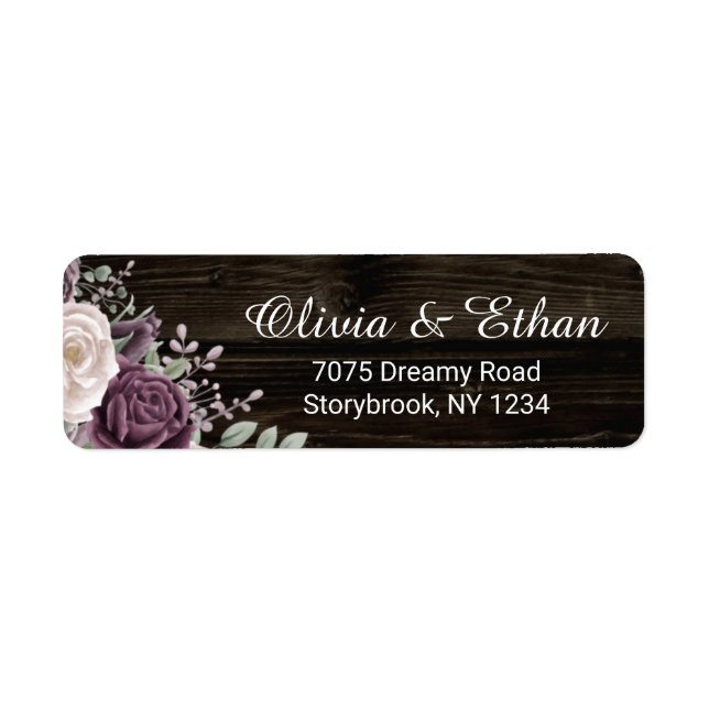 Rustic Dusty Purple Rose Blooms on Dark Wood Label (Front)