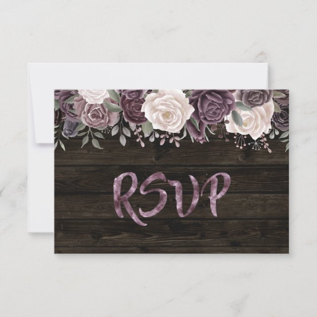 Rustic Dusty Purple Rose Floral on Dark Wood RSVP Card (Front)