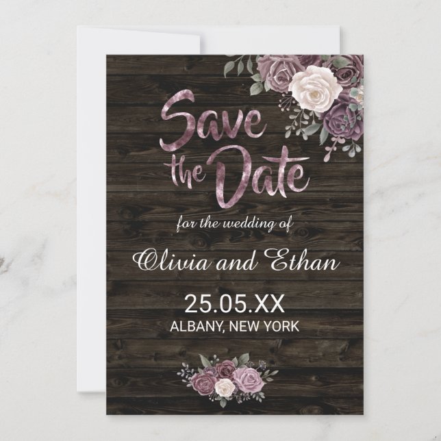 Rustic Dusty Purple Rose Floral on Dark Wood Save The Date (Front)