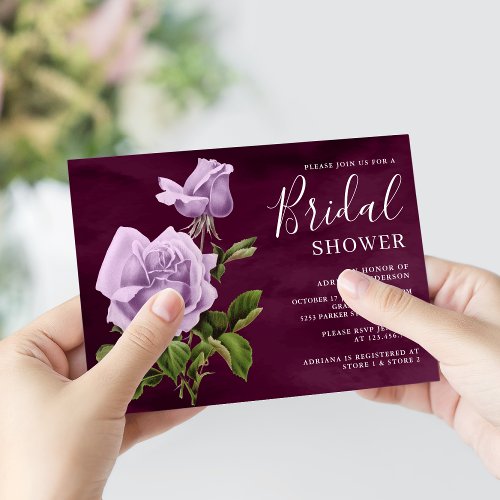 Rustic Dusty Purple Rose Floral Plum Bridal Shower Invitation