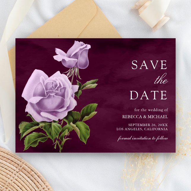 Rustic Dusty Purple Rose Floral Plum Wedding Save The Date (Creator Uploaded)