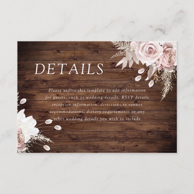 Rustic Dusty Rose Blush Floral Wedding Details Enclosure Card (Front)