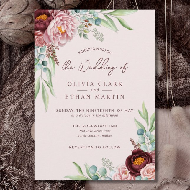 Rustic Dusty Rose Boho Floral with Greenery  Invit Invitation (Creator Uploaded)