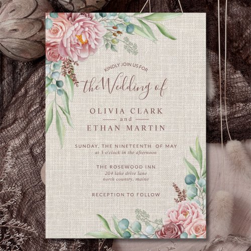 Rustic Dusty Rose Boho Watercolor Floral  Invitation