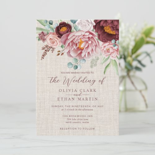 Rustic Dusty Rose Boho Watercolor Floral Invitation