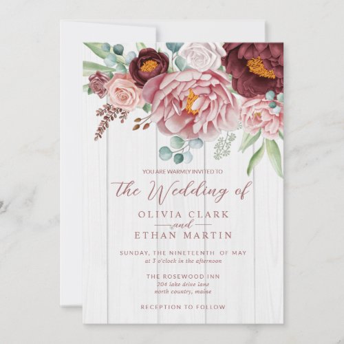 Rustic Dusty Rose Boho Watercolor Floral on Wood I Invitation