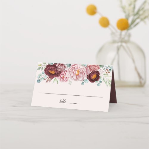 Rustic Dusty Rose Boho Watercolor Floral Pink Place Card
