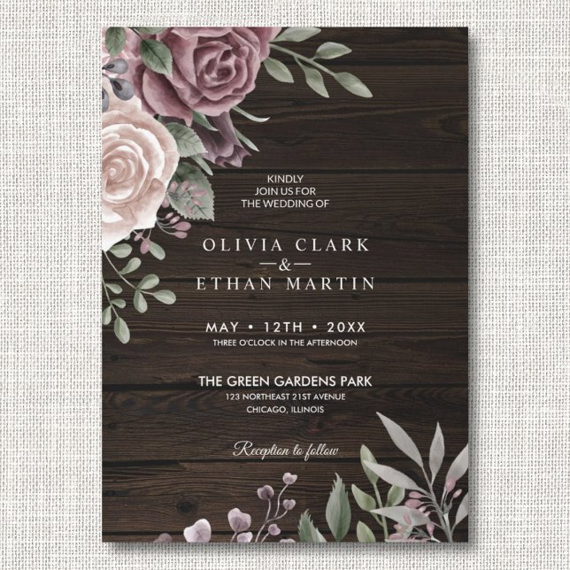 Rustic Dusty Rose Floral Bouquet on Dark Wood Invitation (Creator Uploaded)