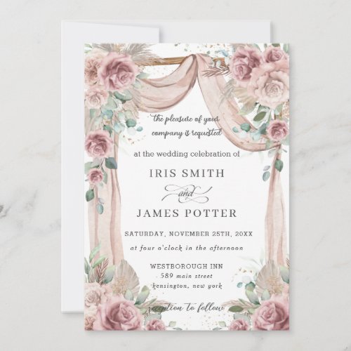 Rustic Dusty Rose Floral Pampas Grass Wedding Arch Invitation