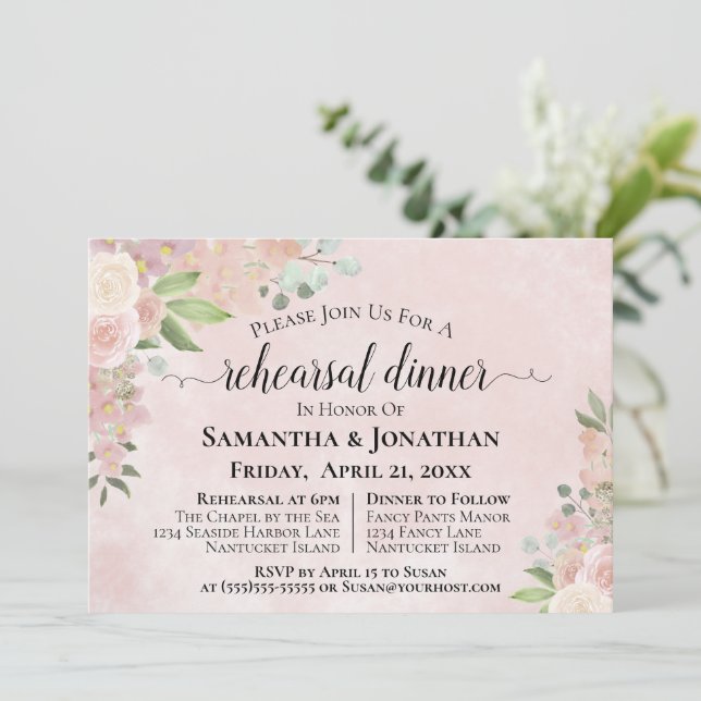 Rustic Dusty Rose Floral Wedding Rehearsal Dinner Invitation (Standing Front)