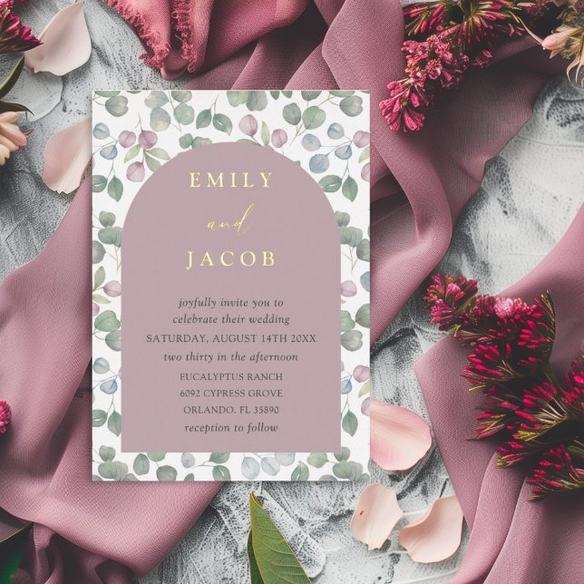 Rustic Dusty Rose & Gold Eucalyptus Wedding Foil Invitation (Creator Uploaded)