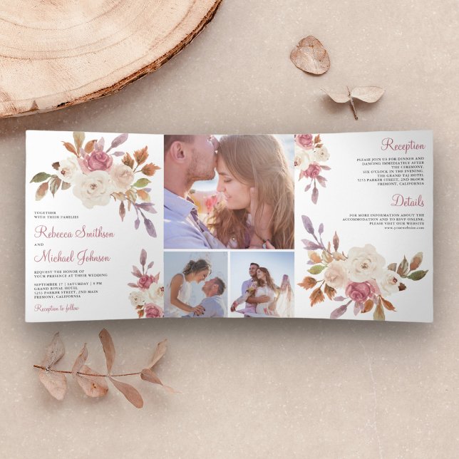 Rustic Dusty Rose Pink and Ivory Floral Wedding Tri-Fold Invitation (Creator Uploaded)