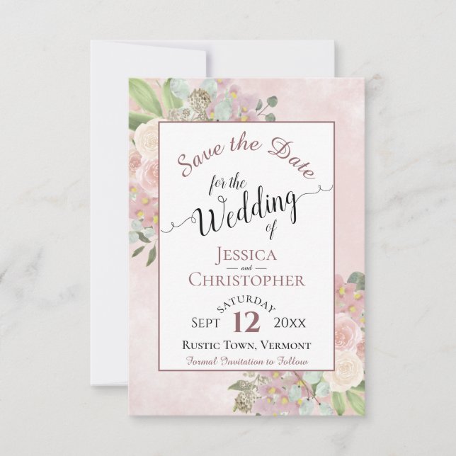 Rustic Dusty Rose Pink Floral Wedding Calligraphy Save The Date (Front)