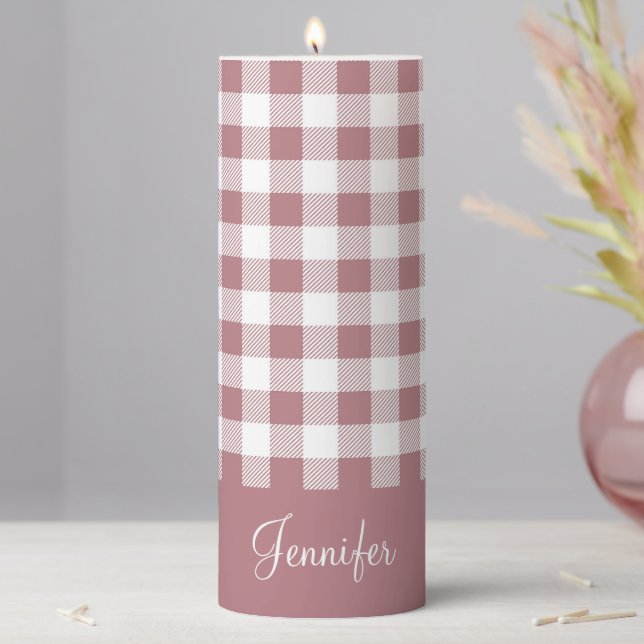 Rustic Dusty Rose Plaid Custom Name Pillar Candle (In Situ)