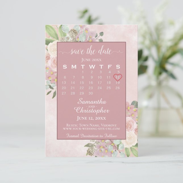 Rustic Dusty Rose Spring Floral Wedding Calendar Save The Date (Standing Front)