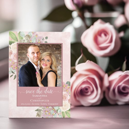 Rustic Dusty Rose Spring Floral Wedding Photo Save The Date