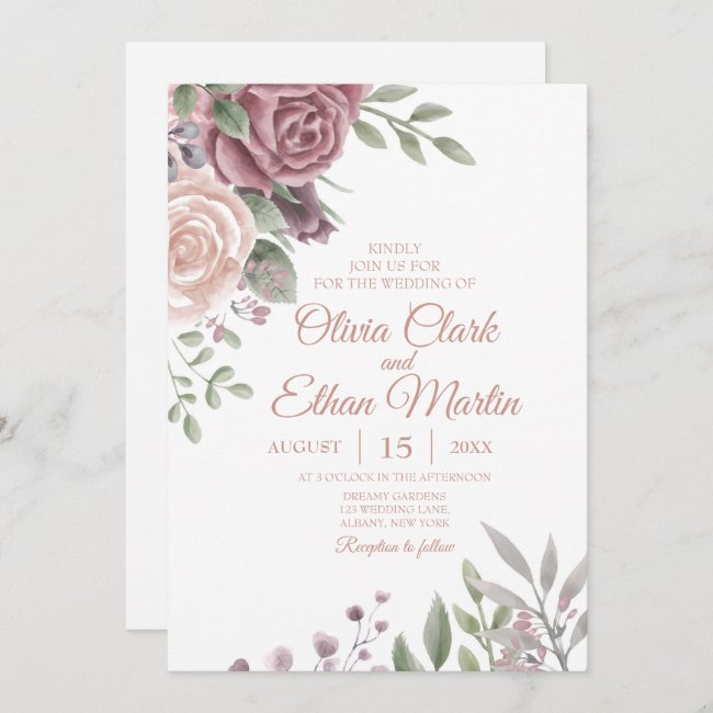 Rustic Dusty Rose Watercolor Floral Bouquet Invitation