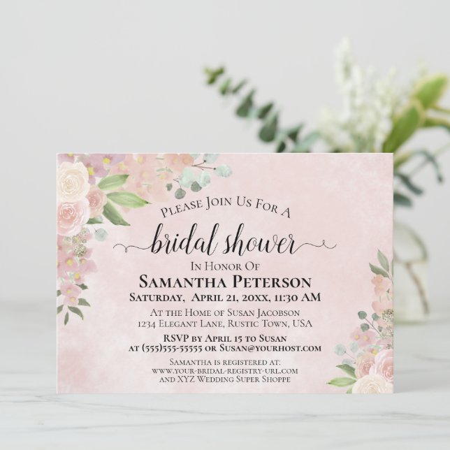 Rustic Dusty Rose Watercolor Floral Bridal Shower Invitation (Standing Front)