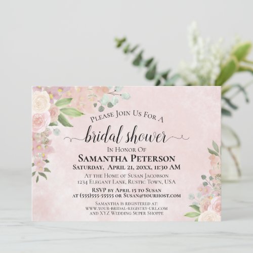 Rustic Dusty Rose Watercolor Floral Bridal Shower Invitation