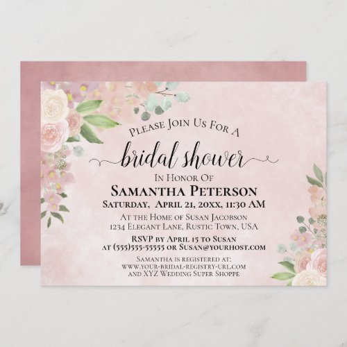 Rustic Dusty Rose Watercolor Floral Bridal Shower Invitation