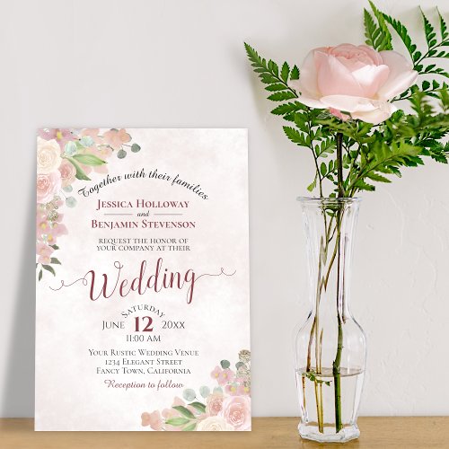 Rustic Dusty Rose Watercolor Floral Chic Wedding Invitation