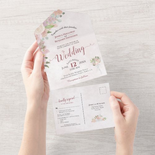 Rustic Dusty Rose Watercolor Floral Wedding All In One Invitation