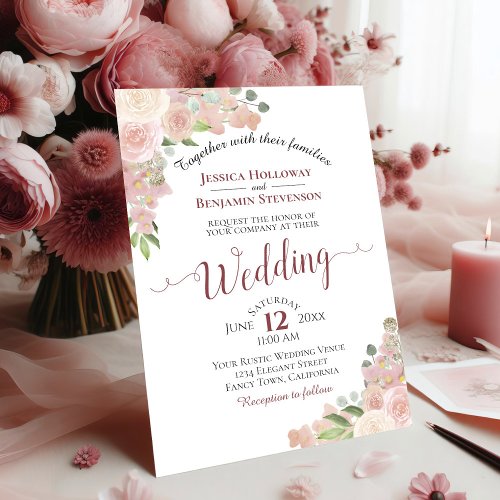 Rustic Dusty Rose Watercolor Floral White Wedding  Invitation
