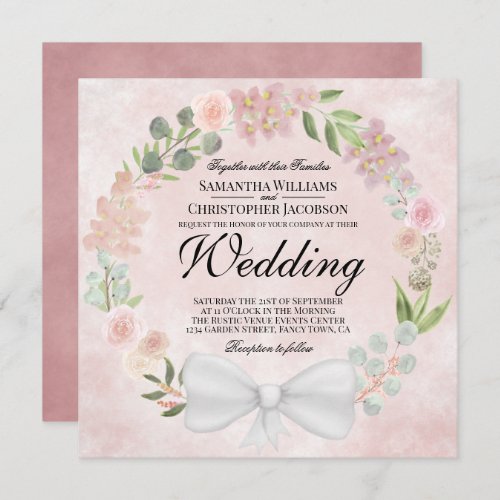 Rustic Dusty Rose Watercolor Wreath Wedding Invitation