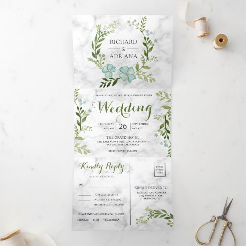 Rustic Dusty Teal Floral Greenery Marble Wedding Tri_Fold Invitation