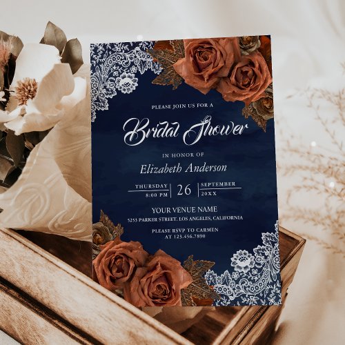 Rustic Dusty Terracotta Rose Navy Bridal Shower Invitation