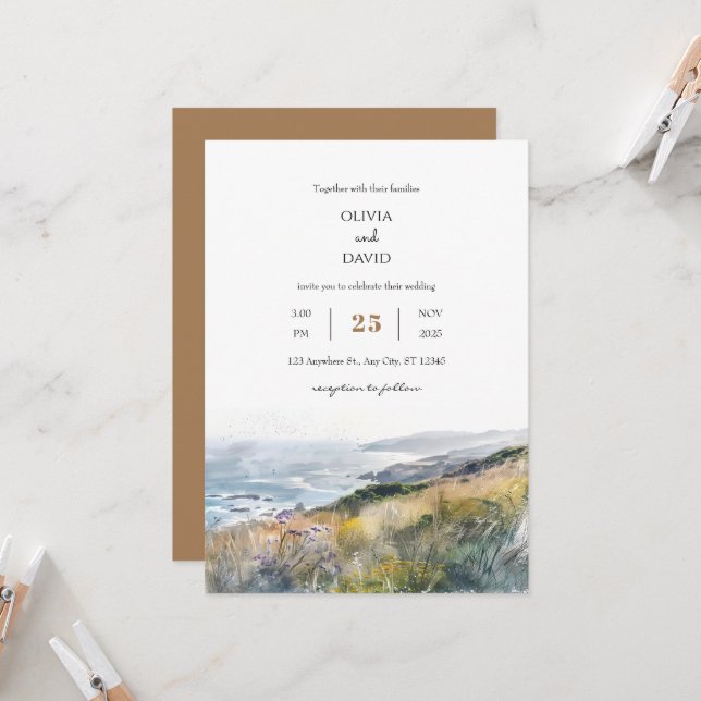 Rustic Dusty Windy Bluffs Ocean View beach wedding Invitation (Front/Back In Situ)
