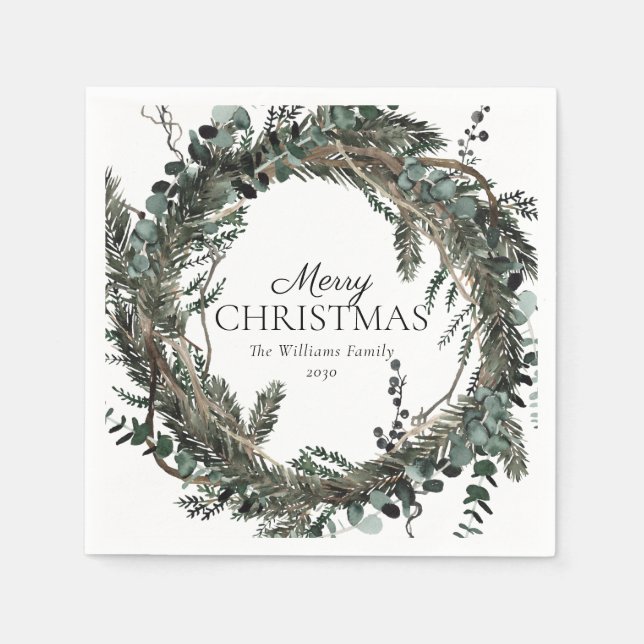 Rustic Dusty Winter Wreath Merry Christmas Napkins (Front)