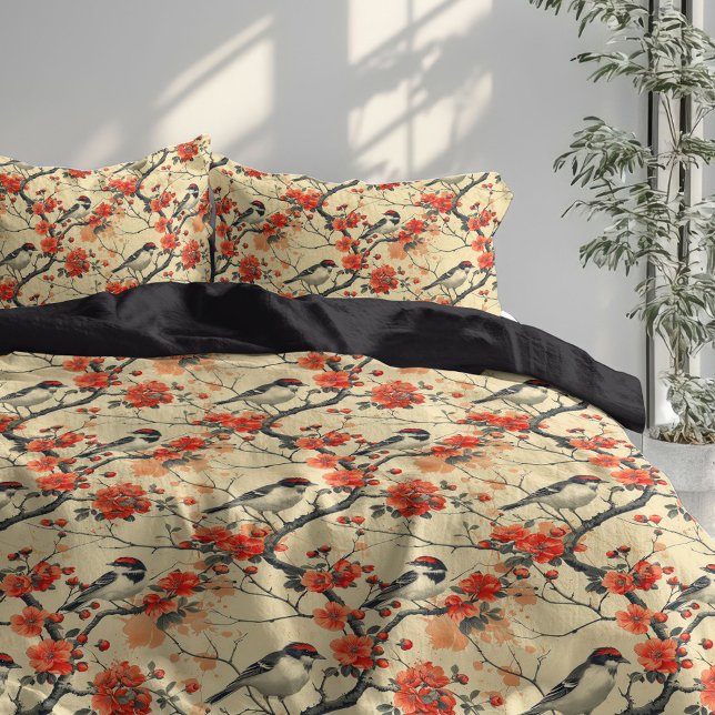 Rustic Duvet Cover with Birds and Fall Flowers (Rustic Duvet Cover with Birds and Fall Flowers)