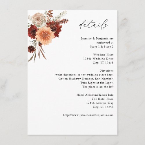 Rustic Earth  Champagne Florals Details Enclosure Card